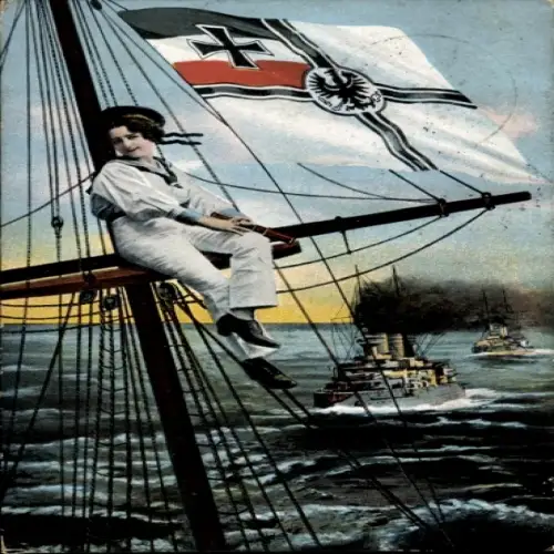 Ak Frau in Matrosenuniform, Kriegsflagge, Deutsche Kriegsschiffe, Kaiserliche Marine