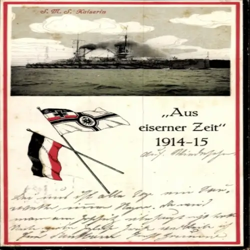 Ak Deutsches Kriegsschiff, SMS Helgoland, Großlinienschiff, Fahnen, Aus eiserner Zeit