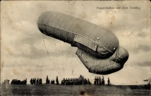 Ak Fesselballon vor dem Aufstieg, Drachenballon, Beobachtungsballon, I. WK