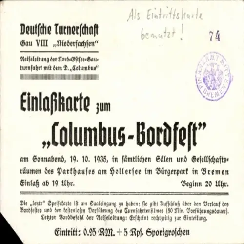 Künstler Ak Dampfer Columbus, Norddeutscher Lloyd Bremen NDL, Eintrittskarte, Einlaßkarte