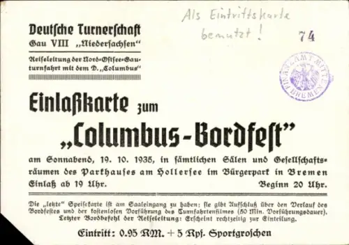 Künstler Ak Dampfer Columbus, Norddeutscher Lloyd Bremen NDL, Eintrittskarte, Einlaßkarte