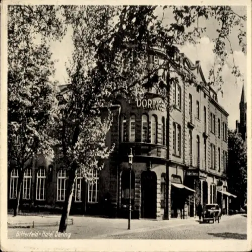 Ak Bitterfeld in Sachsen Anhalt, Hotel Dering,  Straßenansicht, Bäume, alte Architektur