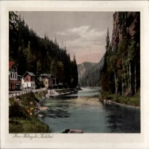 Ak Karlsbad in Baden, Flussufer, Bäume, Häuser, Berglandschaft