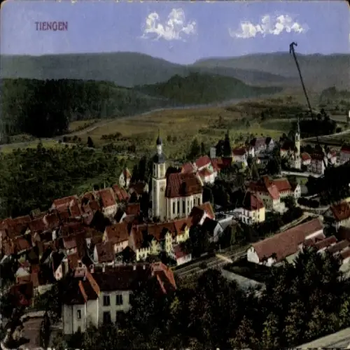 Ak Tiengen am Oberrhein, Luftaufnahme von  Kirche, Häuser, Landschaft, Berg