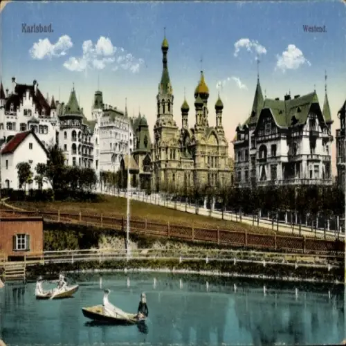 Ak Karlsbad in Baden,  Westend,  Architektur, Bäume, Wasser, Boote