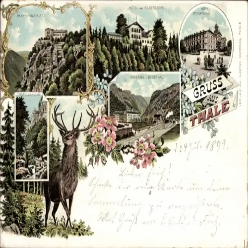 Litho Thale im Harz, Hotel Rosstrappe, Hexentanzplatz, Bodethal, Landschaft, Hirsch