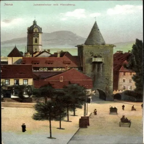 Ak Jena in Thüringen, Johannistor, Hausberg,  Architektur, Passanten, Zeichnung