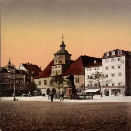 Ak Jena in Thüringen, Rathaus, Statue,  Architektur, Abendhimmel