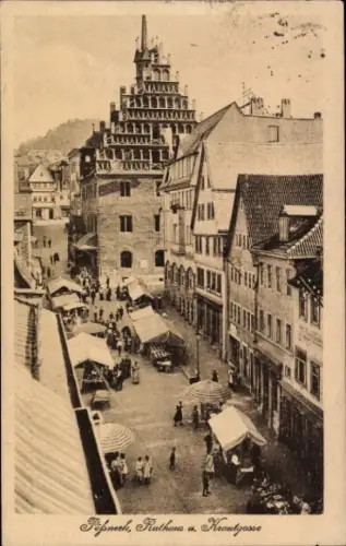 Ak Pößneck in Thüringen, Altstadt, Rathaus, Krautgasse, Menschen, Marktstände