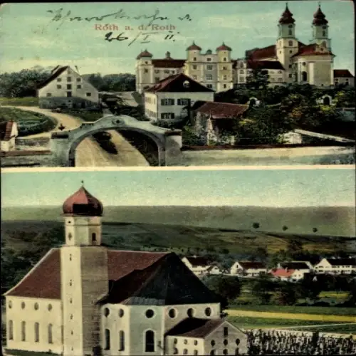 Ak Roth bei Nürnberg Mittelfranken, Schloss, Teich, Kirche, hügelige Landschaft,  Architektur