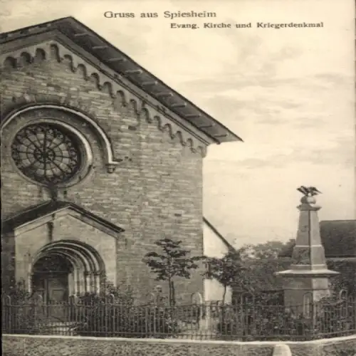 Ak Spiesheim in Rheinhessen, Evang. Kirche, Kriegerdenkmal, Gruss aus Spiesheim