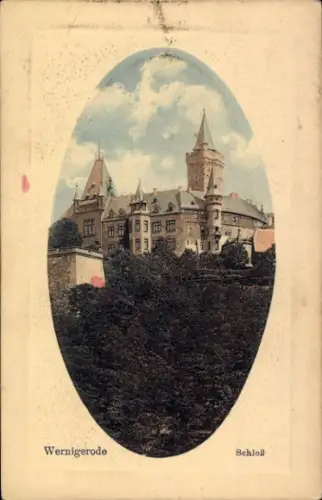 Ak Wernigerode im Harz, Schloss  s Gebäude, grüne Bäume, blauer Himmel