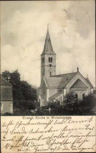 Ak Wolmirsleben im Salzlandkreis, Evangl. Kirche,  Aufnahme, Schwarz-Weiß-Foto