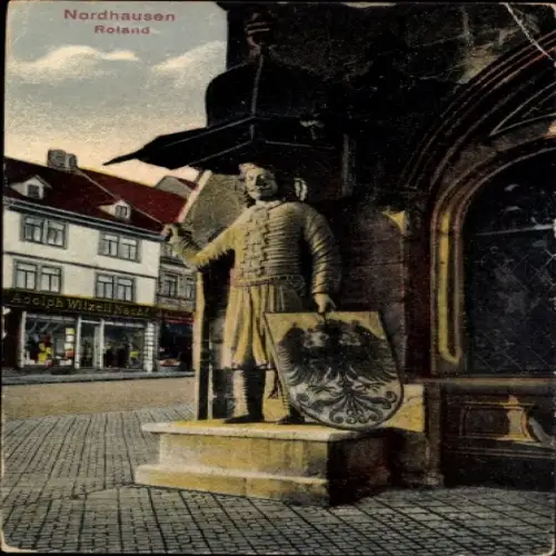 Ak Nordhausen am Harz, Statue Roland, Adolph Witzell Nach!, Geschäftshaus