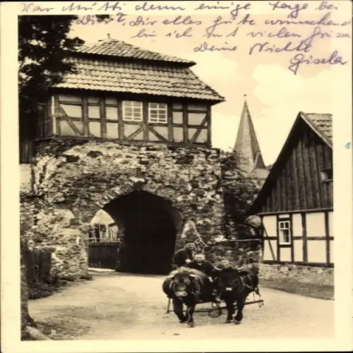 Ak Neustadt im Harz Harztor Thüringen, Rinderkarren am Torbogen