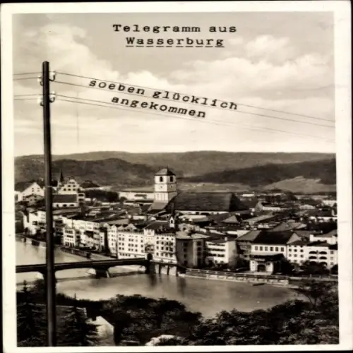Ak Wasserburg am Inn Oberbayern, Telegramm,  soeben glücklich angekommen, Stadtansicht