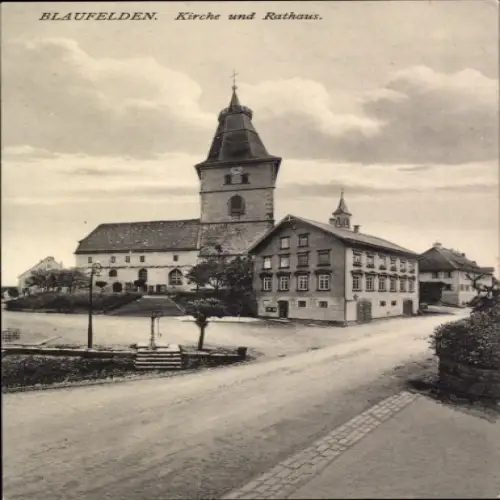 Ak Blaufelden in Württemberg, Kirche und Rathaus,  Architektur, ländliche Szene