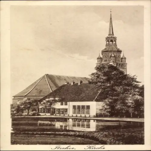 Ak Itzehoe in Holstein, Kirche, hoher Kirchturm, Wasserblick, alte Architektur