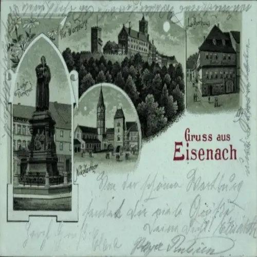 Mondschein Litho Lutherstadt Eisenach in Thüringen, Lutherdenkmal, Lutherhaus, Nikolaitor