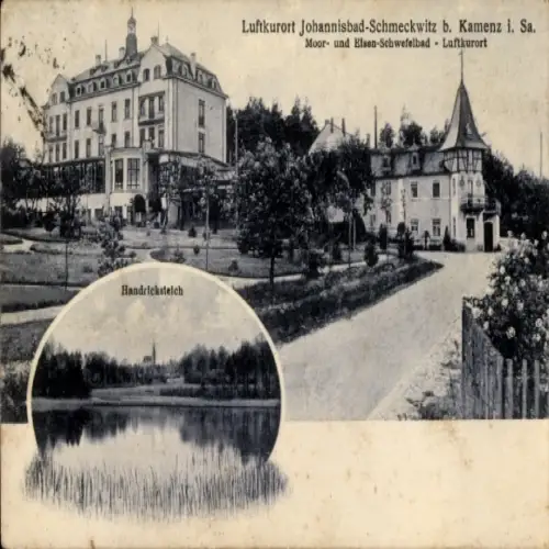 Ak Kamenz in Sachsen, Luftkurort, Moor- und Elsen-Schwefelbad, Gebäudeansicht, Landschaft
