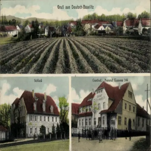 Ak Deutschbaselitz Kamenz Sachsen, Ort am Feld, Schloss, Gasthof