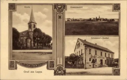 Ak Luppa Radibor in Sachsen, Kirche, Gesamtansicht, Schumann's Gasthof