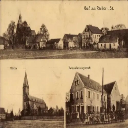 Ak Radibor in Sachsen, Gesamtansicht, Kirche, Kolonialwarengeschäft