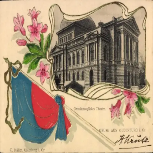 Jugendstil Präge Passepartout Ak Oldenburg in Oldenburg, Großherzogliches Theater, Fahne