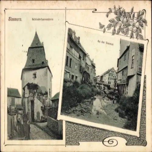 Jugendstil Passepartout Ak Simmern im Hunsrück, Schinderhannesturm, an der Simmer