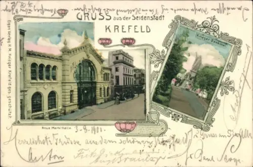 Ak Krefeld am Niederrhein,  aus  Neue Markthalle, Krieger Denkmal, farbig