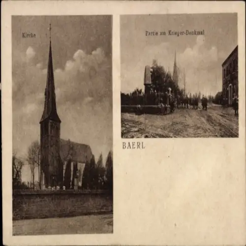 Ak Baerl Duisburg am Rhein, Kirche, Krieger-Denkmal, zwei Fotografien,  