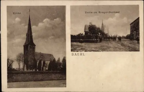 Ak Baerl Duisburg am Rhein, Kirche, Krieger-Denkmal, zwei Fotografien,  