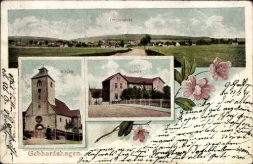 Ak Gebhardshagen Salzgitter in Niedersachsen, Totalansicht, Kirche, Schule, blühende Blumen