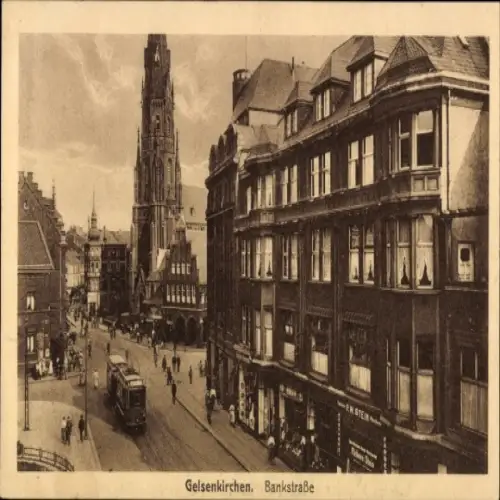 Ak Gelsenkirchen im Ruhrgebiet, Stadtansicht, Bankstraße,  Gebäude, Straßenbahn