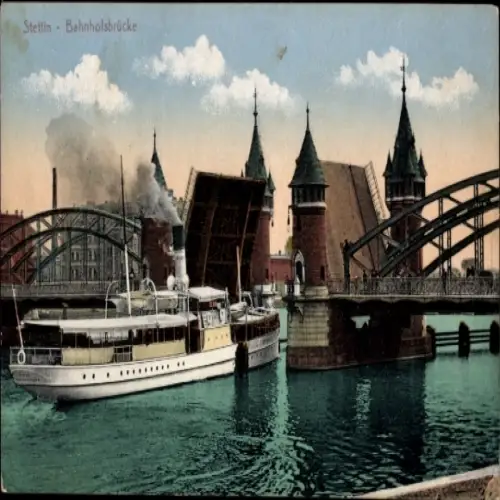Ak Szczecin Stettin Pommern, Bahnhofsbrücke, Schiff, Ziegeldächer, Wasser