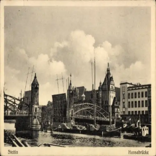Ak Szczecin Stettin Pommern, Hansabrücke, Stadtansicht, Wasserweg, Brücken,  Architektur
