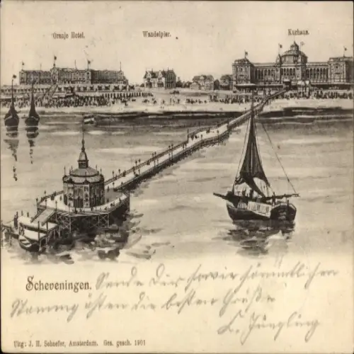 Ak Scheveningen Den Haag Südholland, Oranje Hotel, Wandelpier, Kurhaus, Hafen, altmodische Segelb