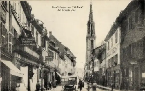 Ak Thann Elsass Haut Rhin, Grande Rue, Kirche, Brotfabrik