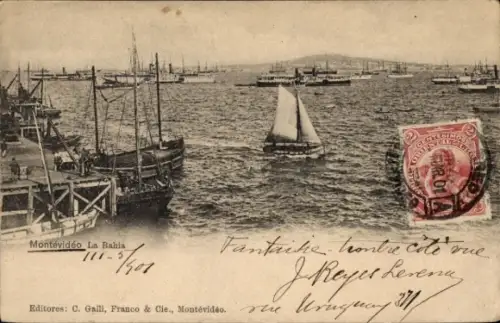 Ak Montevideo Uruguay, Hafenansicht, Segelboot, Schiffe, Poststempel