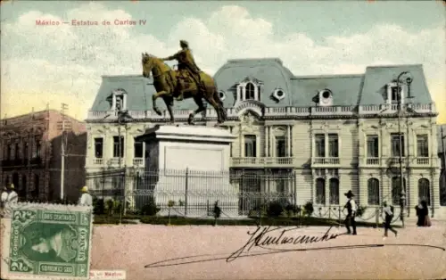 Ak Ciudad de Mexico Mexiko Stadt, Statuen von Carlos IV, Gebäude im Hintergrund, Poststempel, Adr