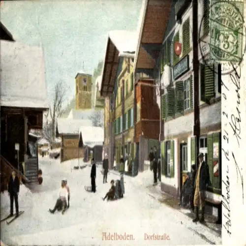 Ak Adelboden Kanton Bern Schweiz, Dorfstraße in  Schnee,  Gebäude, Menschen