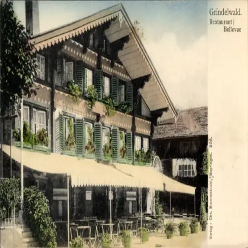 Ak Grindelwald Kanton Bern, Restaurant Bellevue in  mehrstöckiges Gebäude, Blumen an Fenstern