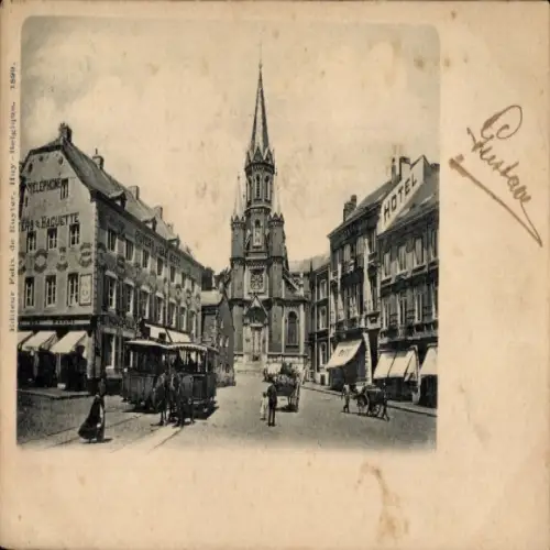 Ak Lüttich Wallonien Belgien, Stadtansicht, Kirche, Hotel, Straßenbahn,  Architektur