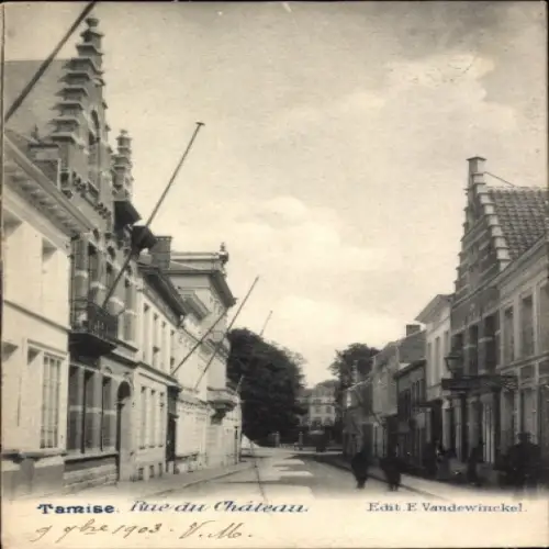Ak Tamise Temse Temsche Ostflandern, Straße mit Häusern, Fahnen,  Architektur