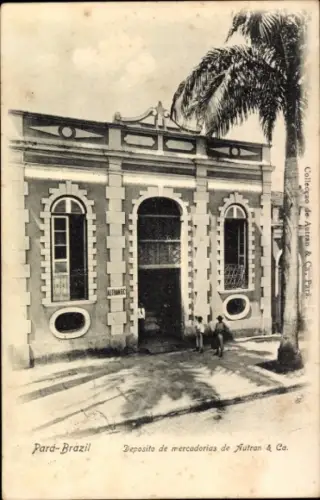 Ak Belém Brasilien, Gebäude mit Fenstern, Eingangstür, Palmen, Aufschrift 'ALTRANEC'