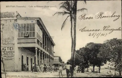 Ak Caracas Venezuela, Historisches Gebäude, Calle de Orinoco, Palmbaum, Text in Spanisch und Fran