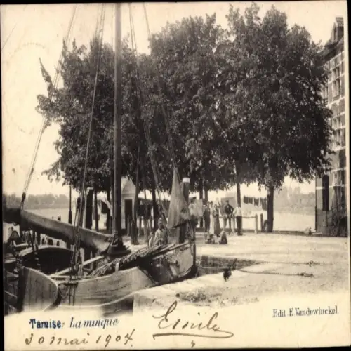 Ak Tamise Temse Temsche Ostflandern, Hafenansicht, Boote, Bäume, Menschen, 30 mai 1904, E. Vandew