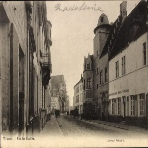 Ak Vilvorde Flämisch Brabant, Straße mit Gebäuden, Rue des Moulins, Pferdewagen, Beschriftung Mad