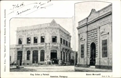 Ak Asunción Paraguay, Zwei Gebäude, Banco Mercantil, Ecke Colon y Palmas, nformat