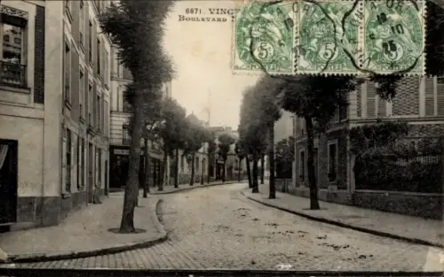 Ak Vincennes Val de Marne, Boulevard mit Bäumen, gepflasterte Straße, Poststempel, Briefmarken